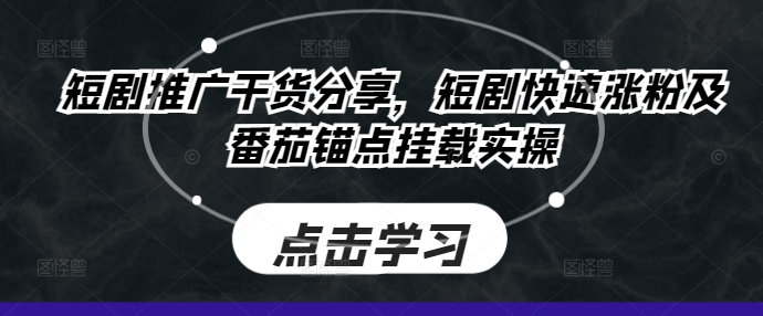 短剧推广干货分享，短剧快速涨粉及番茄锚点挂载实操网赚项目-副业赚钱-互联网创业-资源整合久久网创网